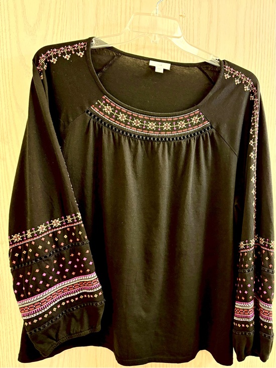 J. Jill Tops - J. Jill Black Long-Sleeve Embroidered Peasant Top with Pink and Cream Accents